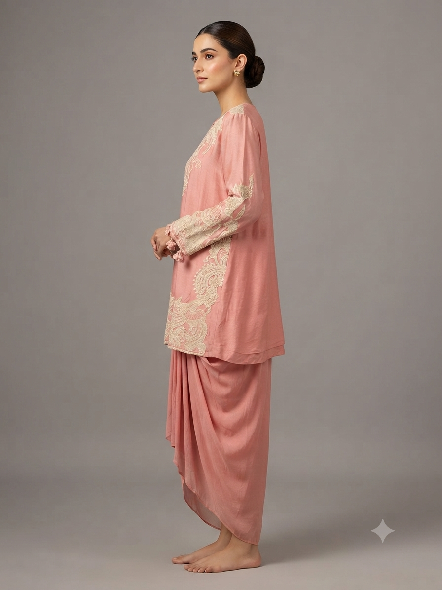 Peach georgette Embellish Shirt with Cowl Dreap skirt