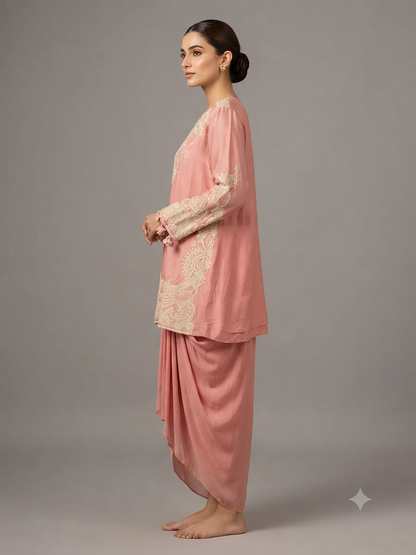 Peach georgette Embellish Shirt with Cowl Dreap skirt