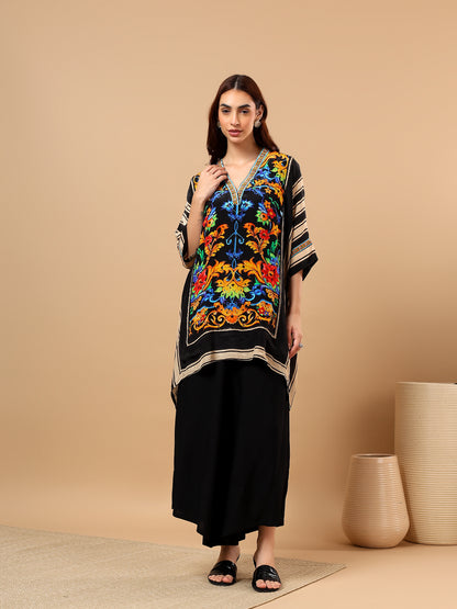 Black Printed Satin Cord Set