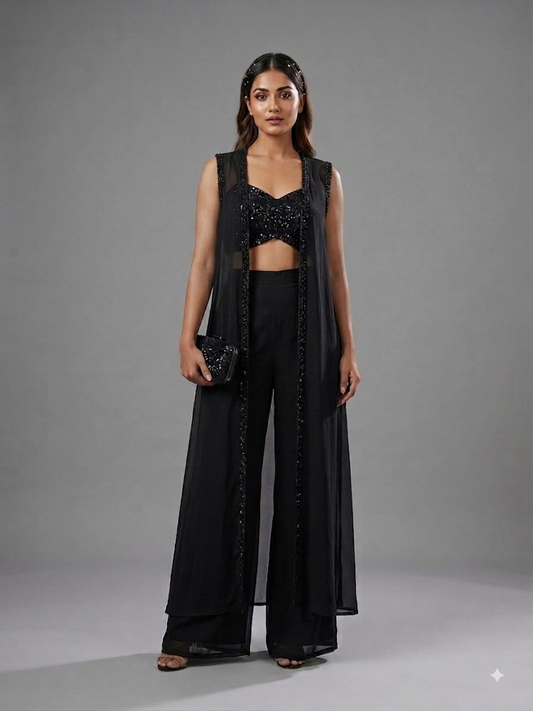 Black Chiffon Hand Embroidered Cape Set with Flared Pants