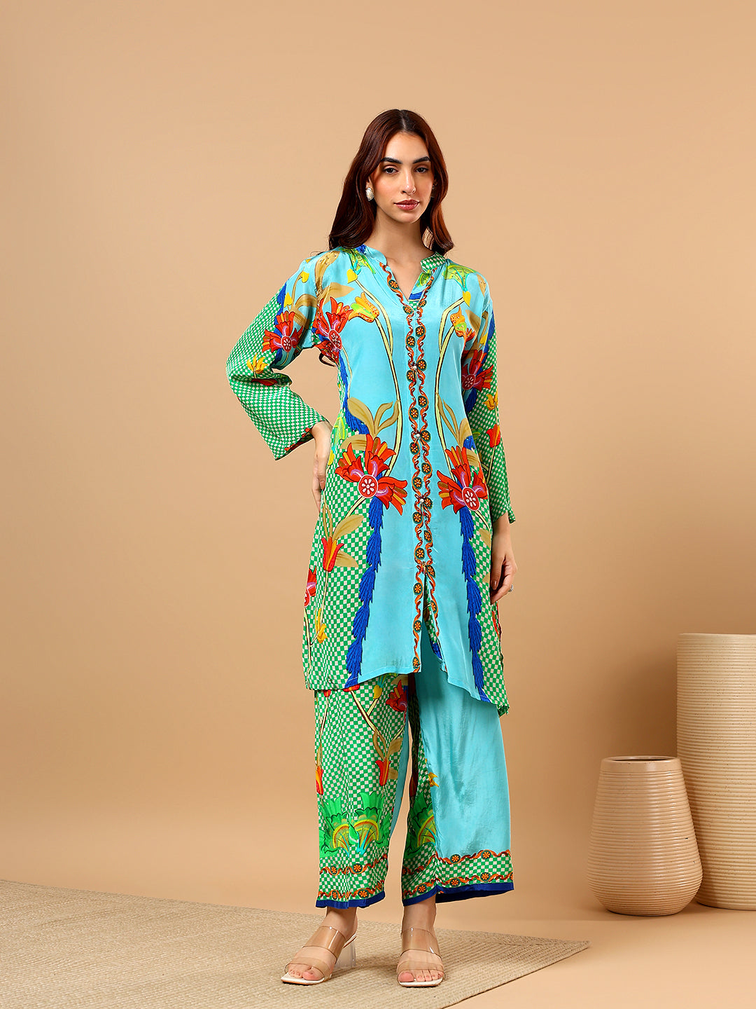 Green Printed Satin Cord Set