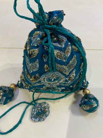 Blue Hand-Embroidered Potli