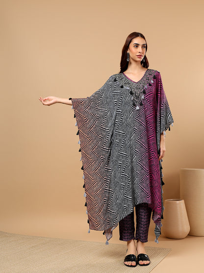 Grey Chinon Printed Kaftan Cord Set