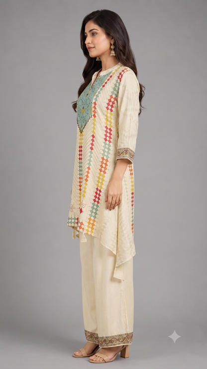 Cream Cot-Silk Printed Detailing Cord Set