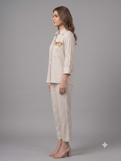 Off-White Linen Cord Set with French Knots Embroidery