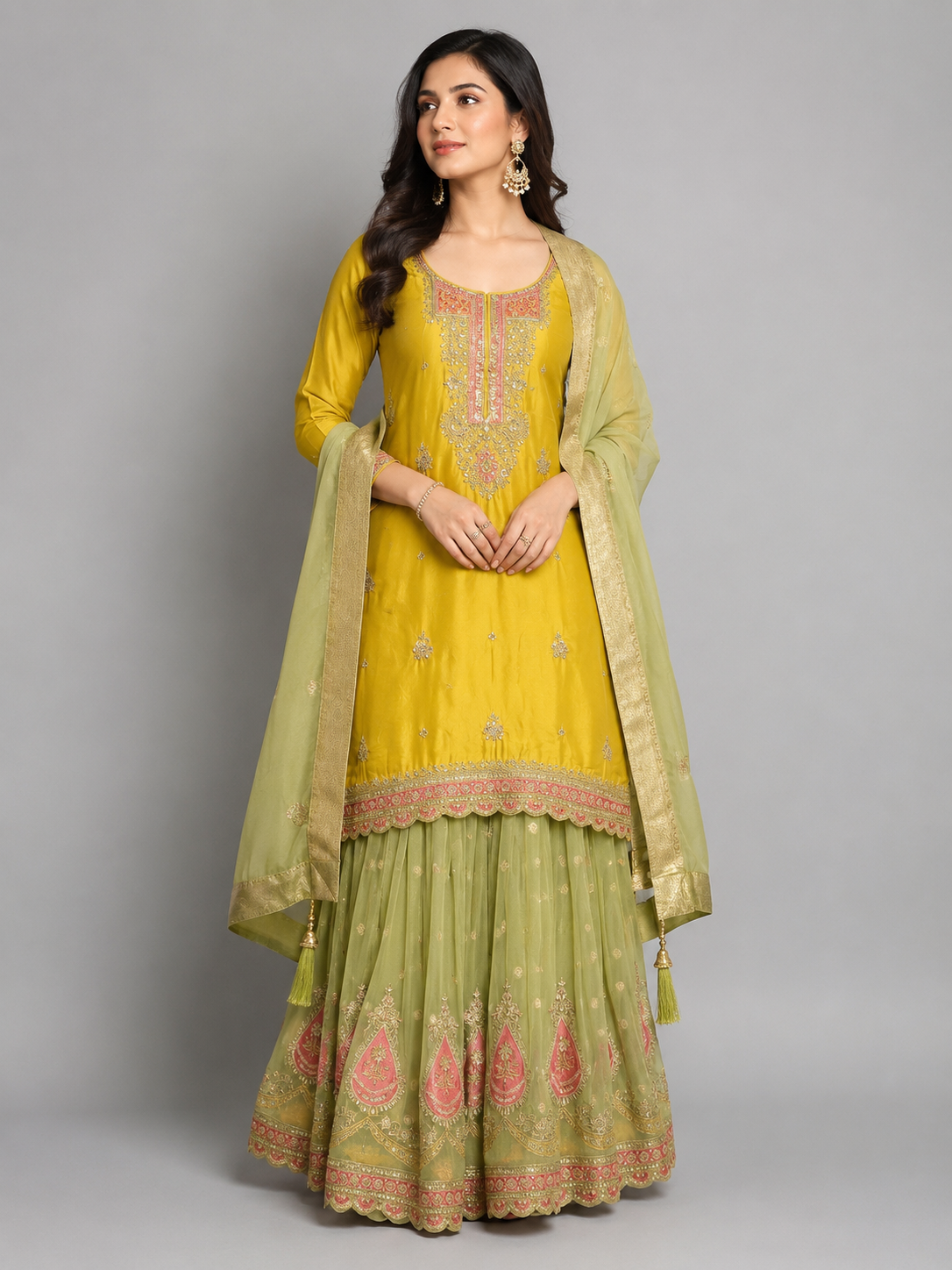 Yellow satin kurta set