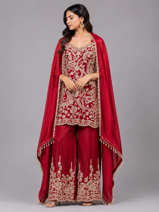Red satin hand embroidered suit with dupatta