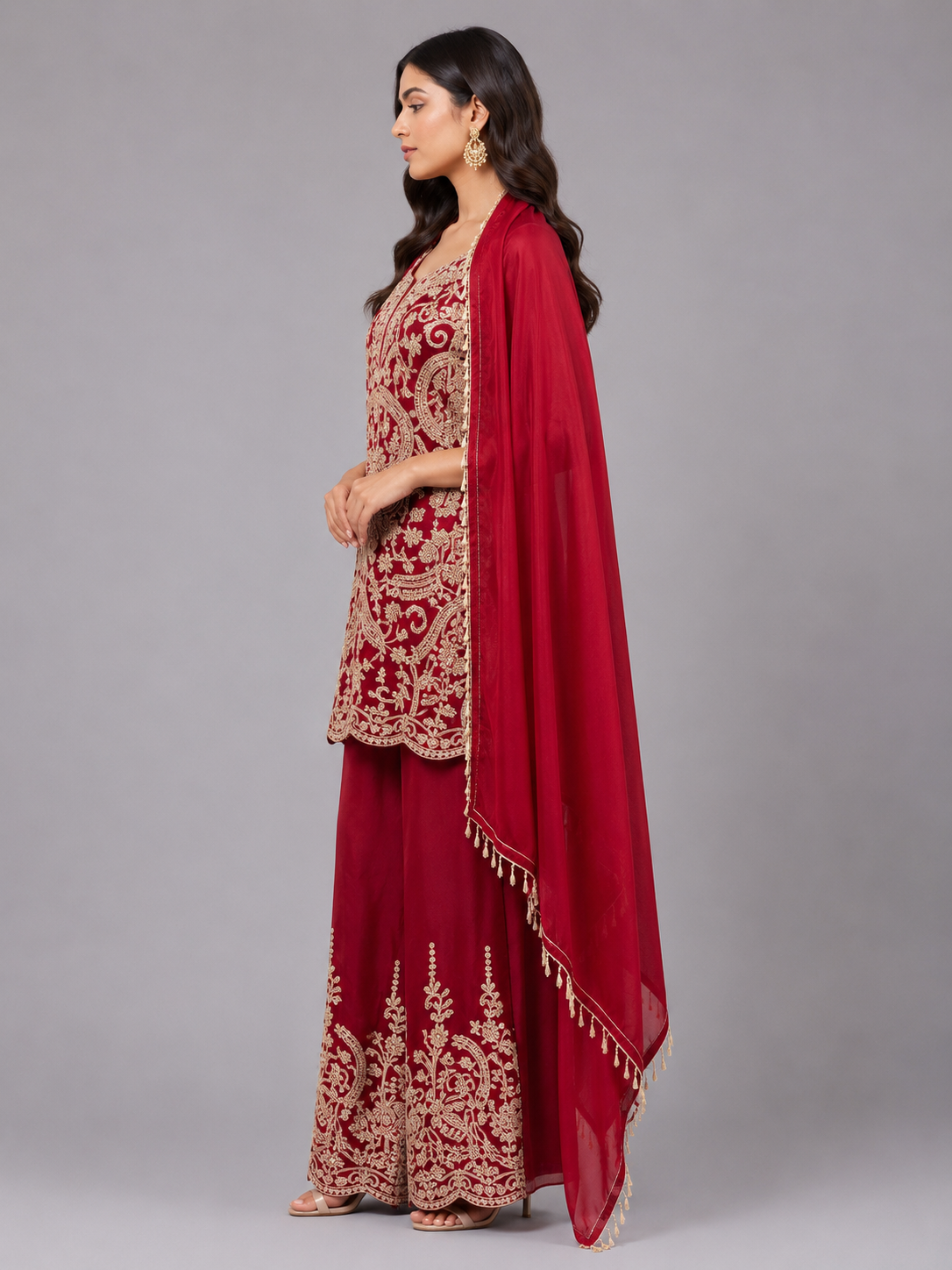 Red satin hand embroidered suit with dupatta