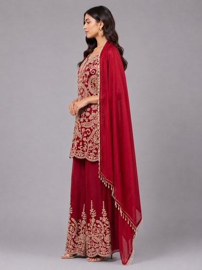 Red satin hand embroidered suit with dupatta