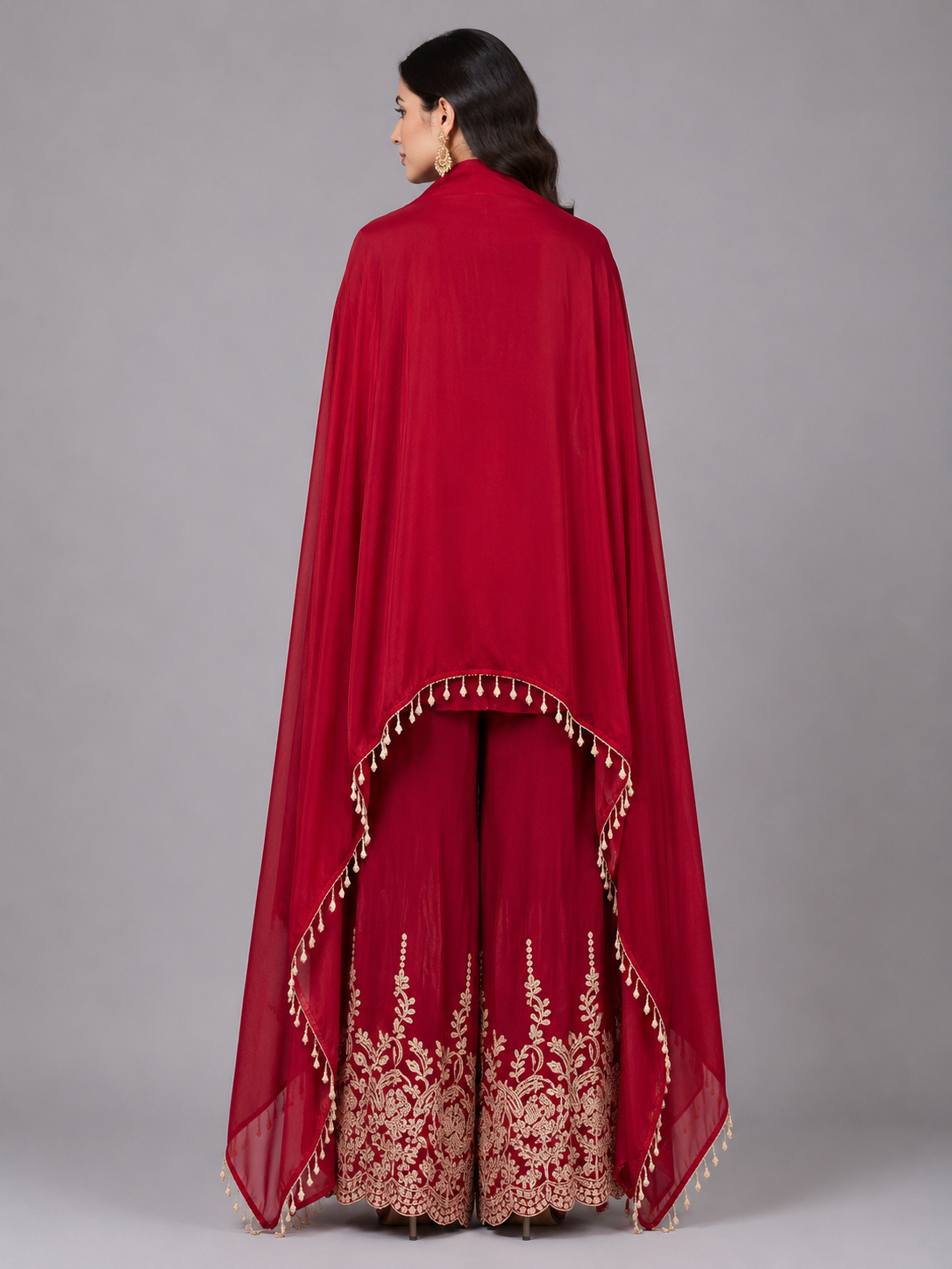 Red satin hand embroidered suit with dupatta