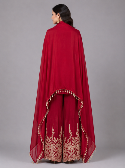 Red satin hand embroidered suit with dupatta