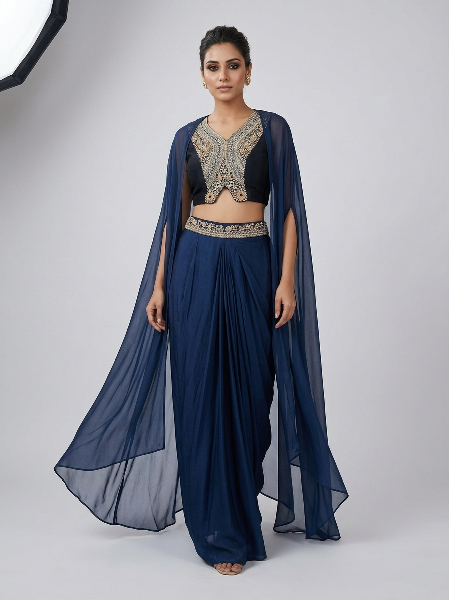 Blue satin cape set with cowl drape skirt