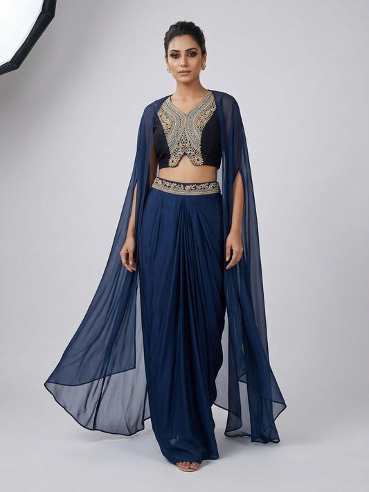 Blue satin cape set with cowl drape skirt