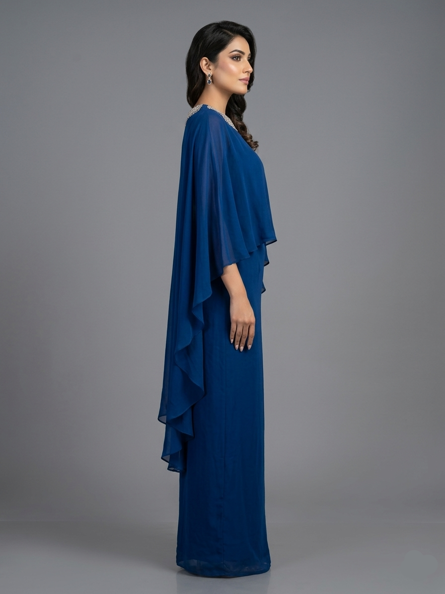 Blue satin cape set with cowl drape skirt