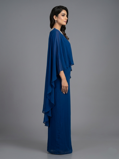 Blue satin cape set with cowl drape skirt