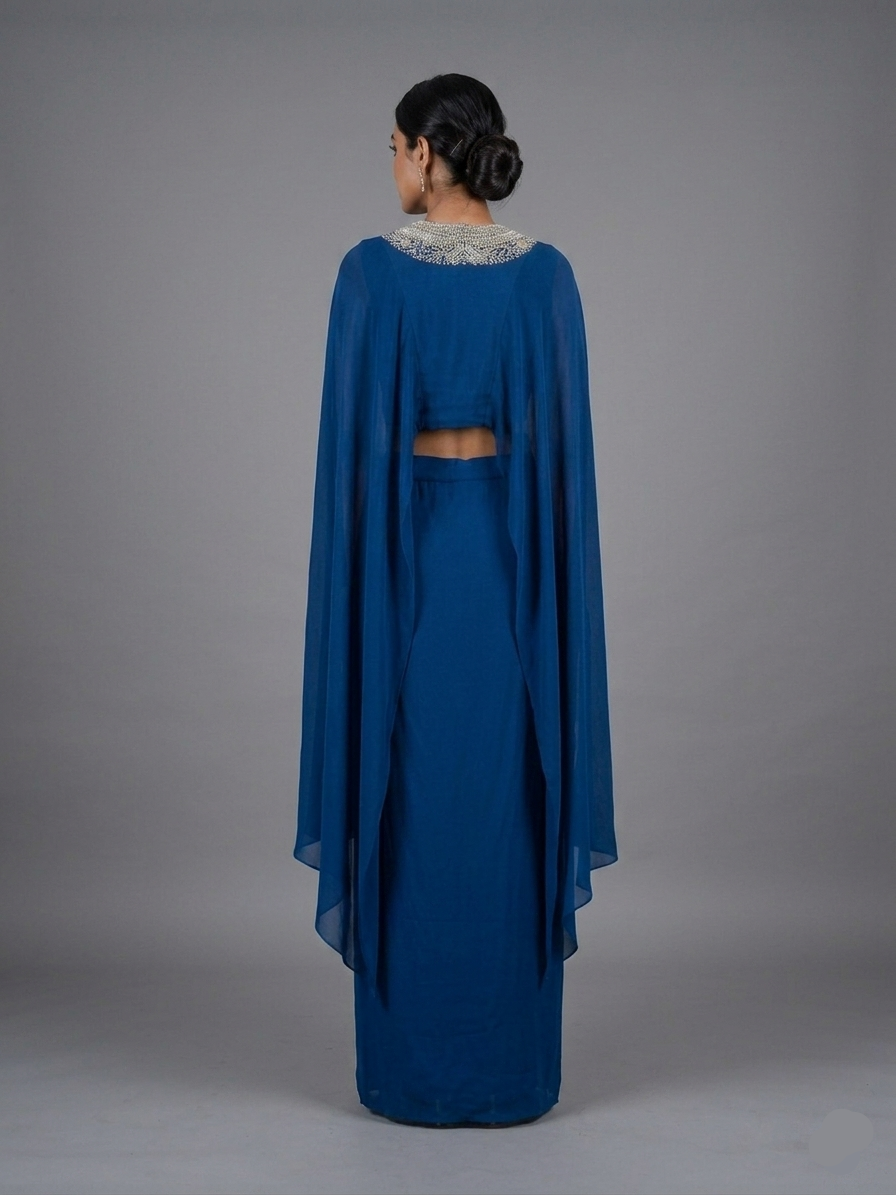 Blue satin cape set with cowl drape skirt