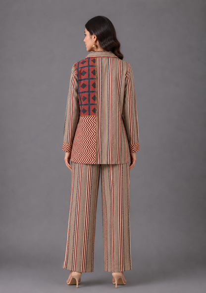 Beige Printed Collared Printed Cord Set