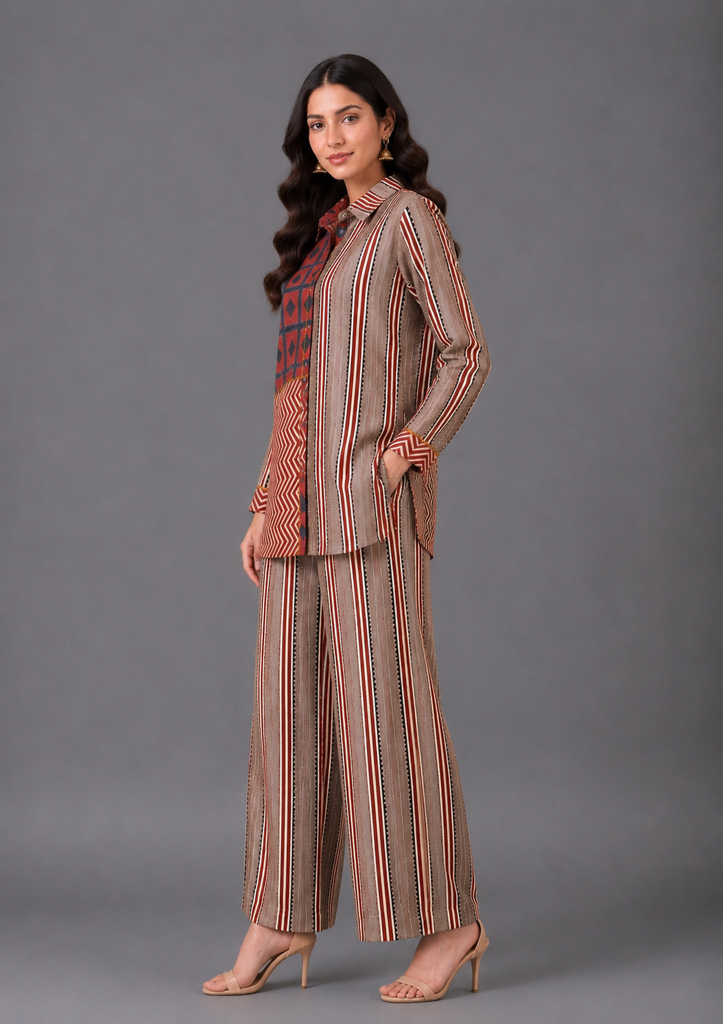 Beige Printed Collared Printed Cord Set