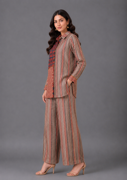 Beige Printed Collared Printed Cord Set