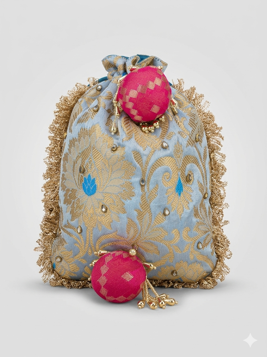 Gray Printed Kundan Work With Less Potli