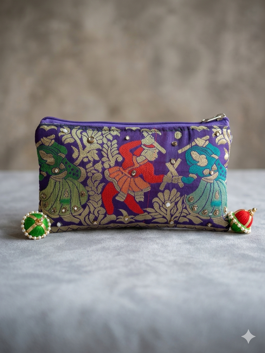 Purple Hand Print With Kundan  Bag