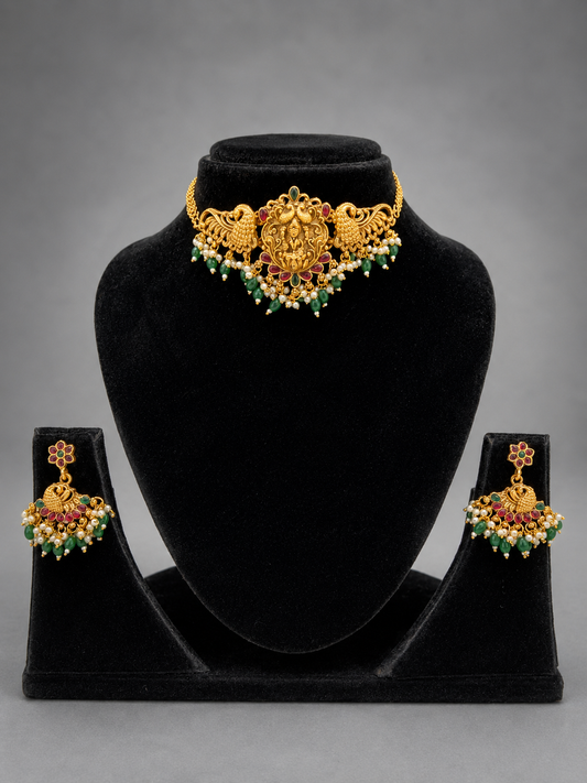 Semi-Precious Ruby Emerald Pearl Temple Choker Set