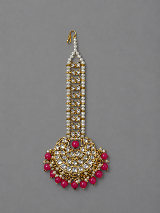 Semi-Precious Ruby Kundan Pearl Maang Tikka