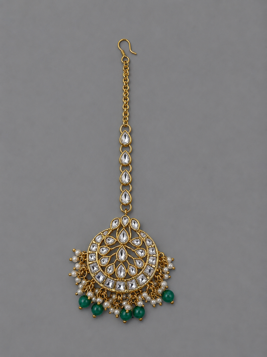 Semi-Precious Emerald Pearl Kundan Maang Tikka