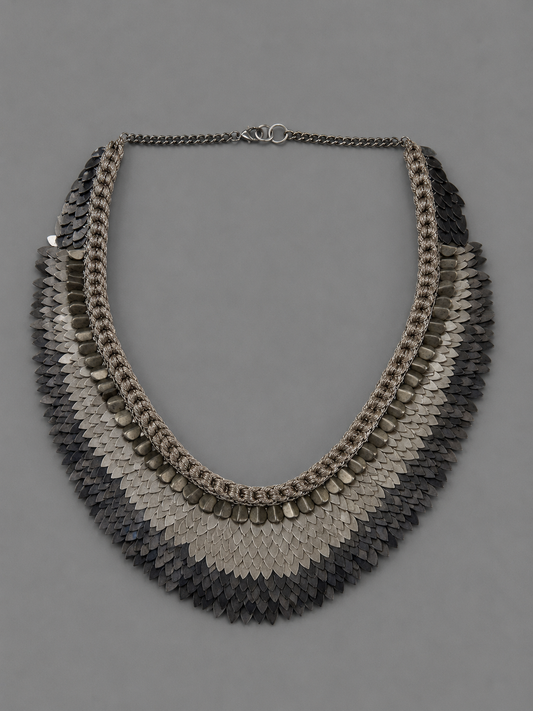 Semi-Precious Grey Finesse Oxidised Metal Zari Woven Necklace