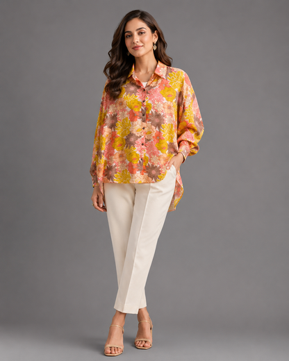 Yellow Printed Satin Shirt