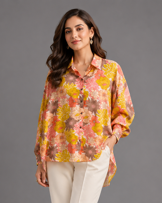 Yellow Printed Satin Shirt
