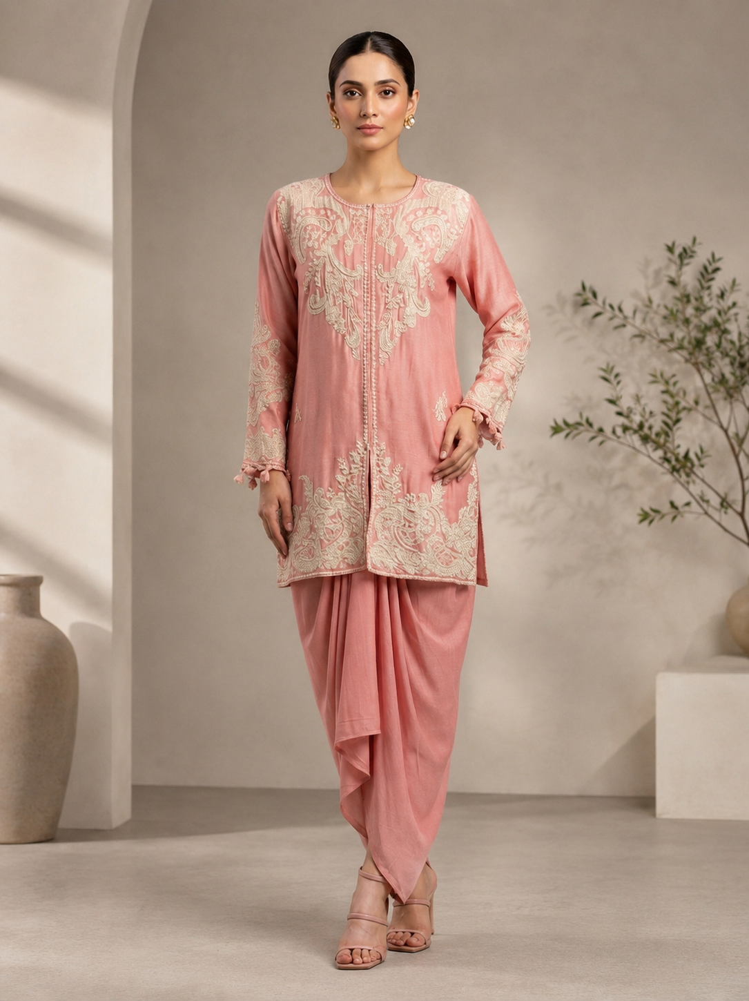 Peach georgette Embellish Shirt with Cowl Dreap skirt