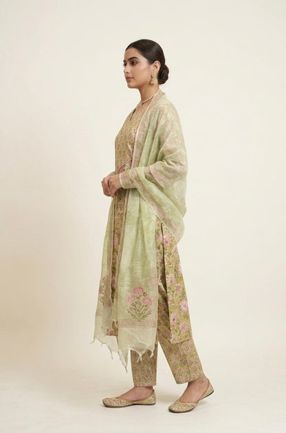Green Printed Suit With Duptta