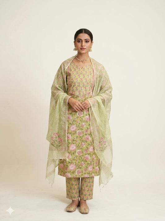 Green Printed Suit With Duptta
