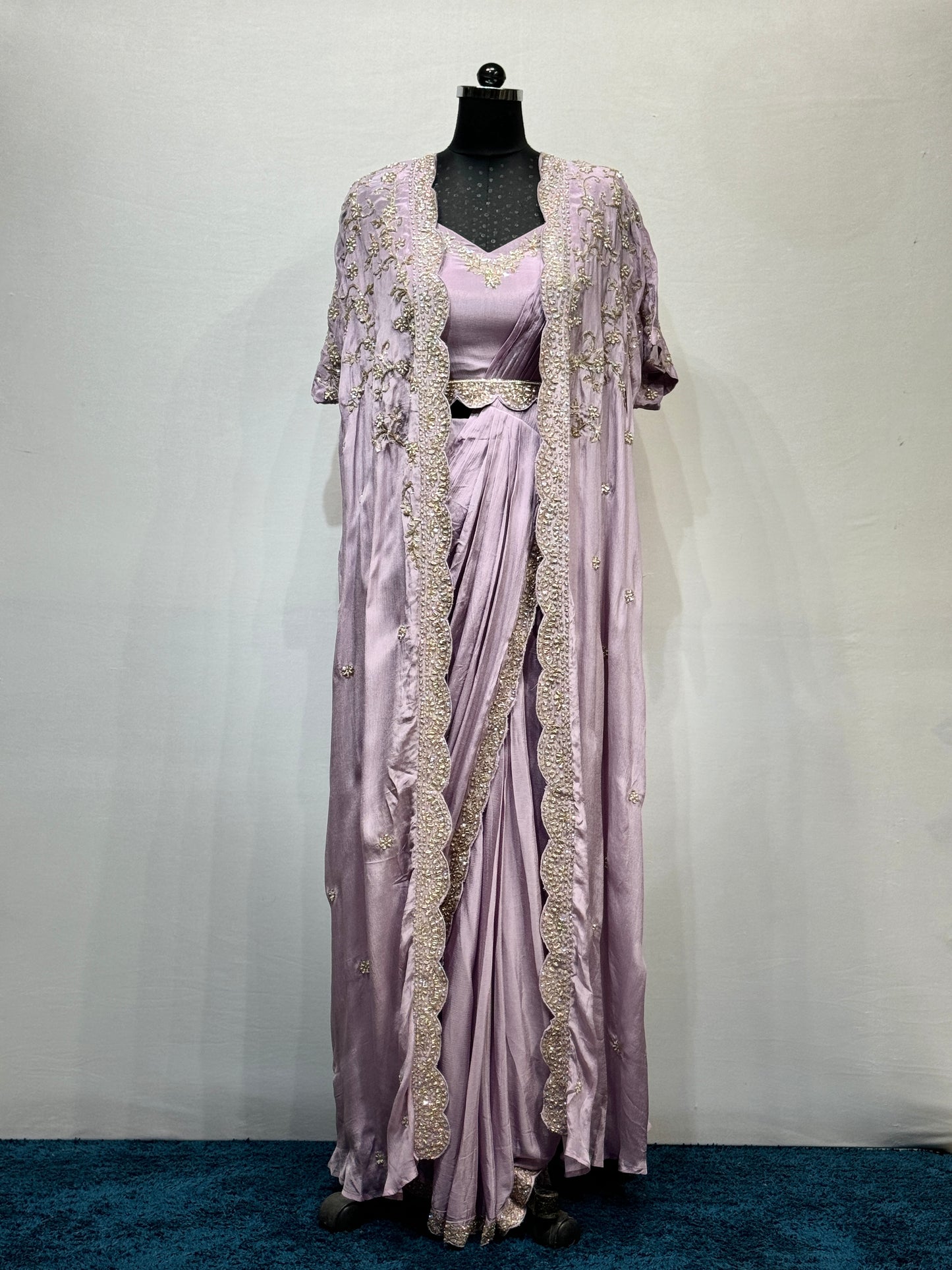 Lavender Chinon Draped Saree with Cape