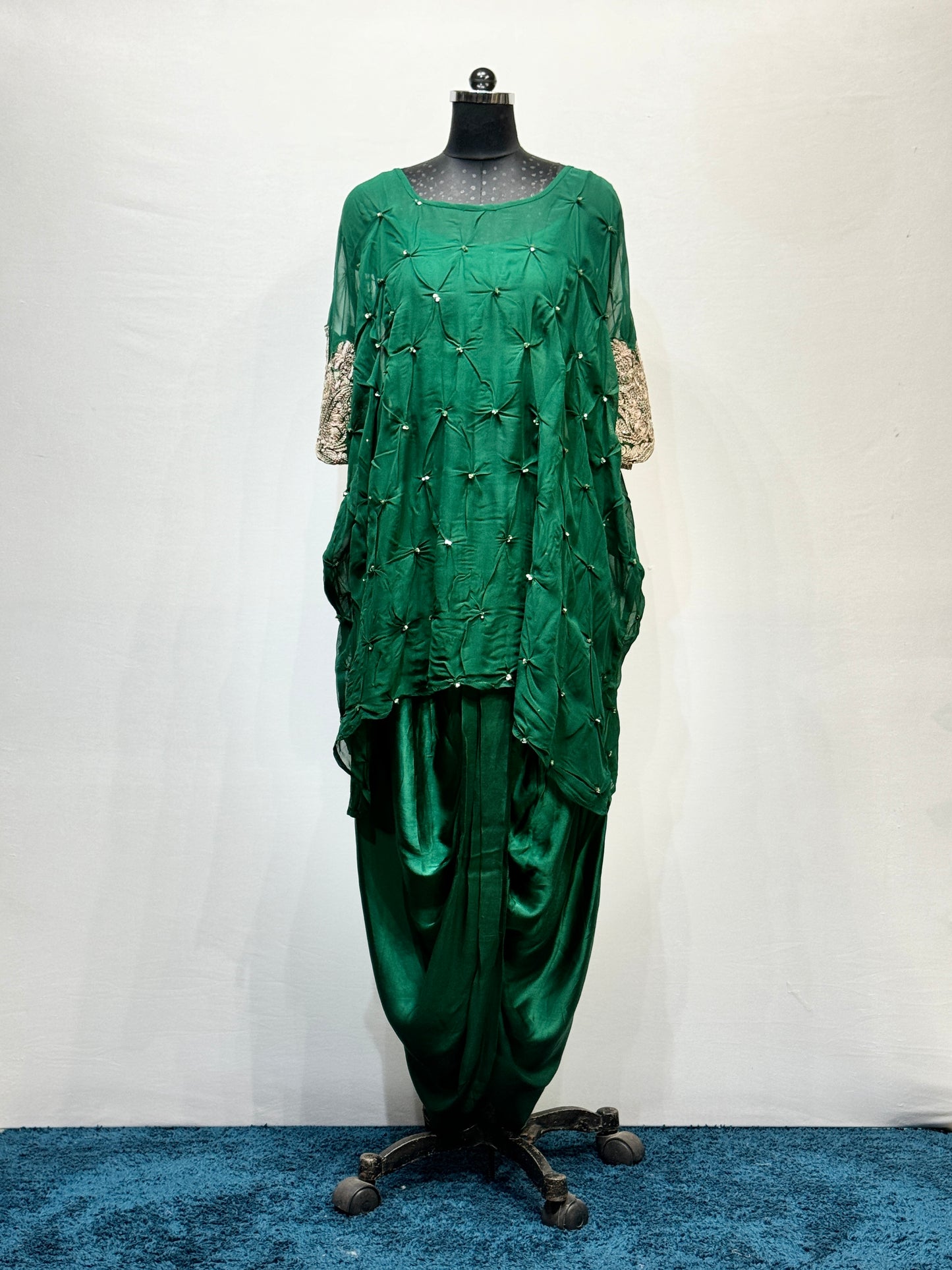 Green Georgette Shirt with Muslin Silk Cowl Drape