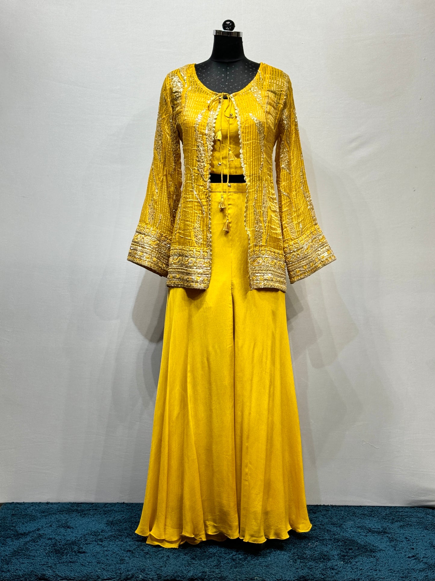 Yellow Muslin Silk Cape Set with Flared Pants