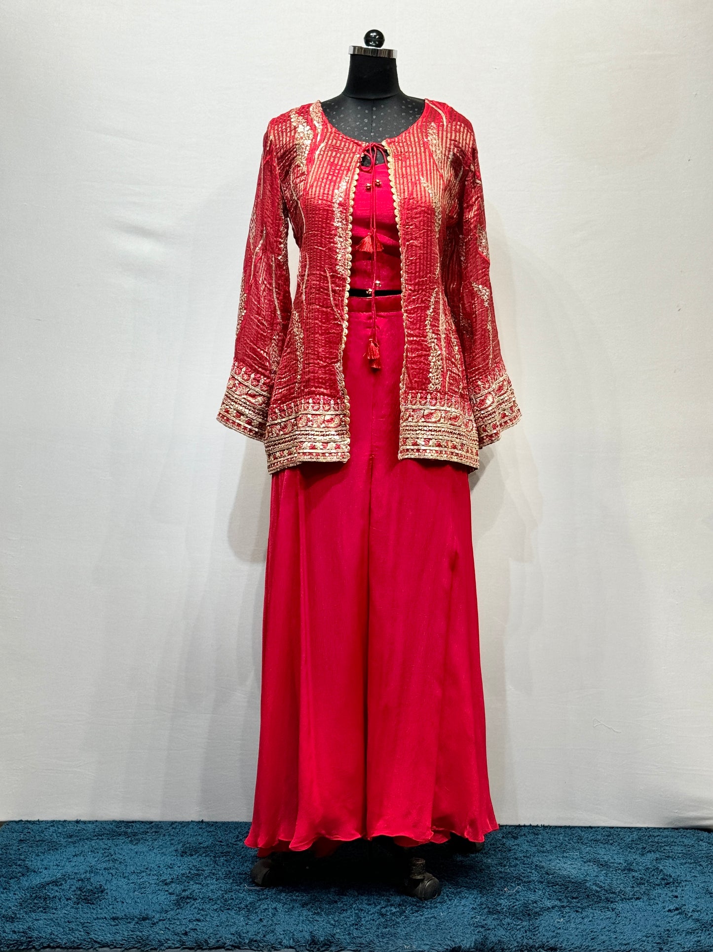 Red Muslin Silk Cape Set with Flared Pants