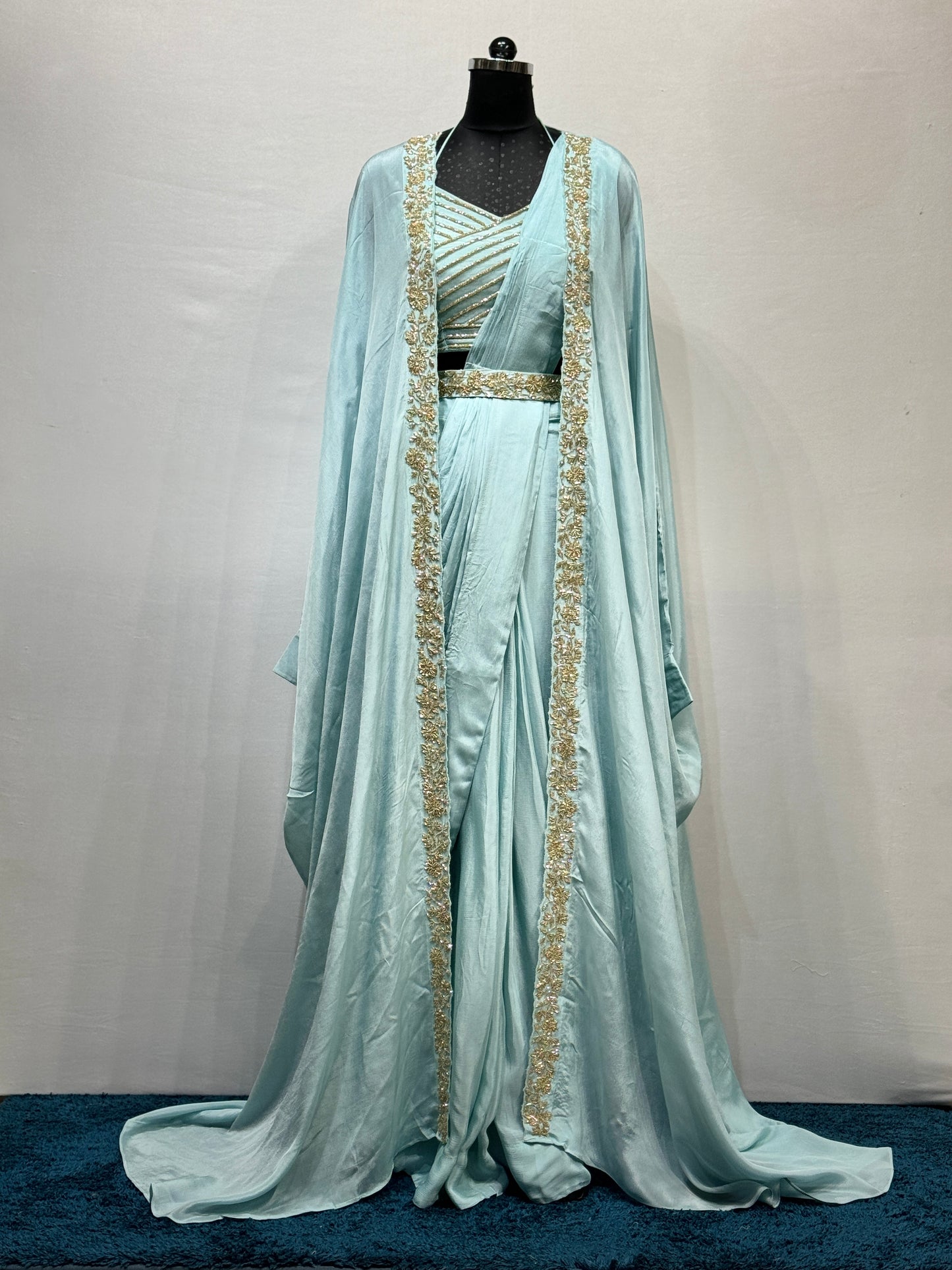 Sky Blue Chinon Hand Embellished Draped Saree with Cape