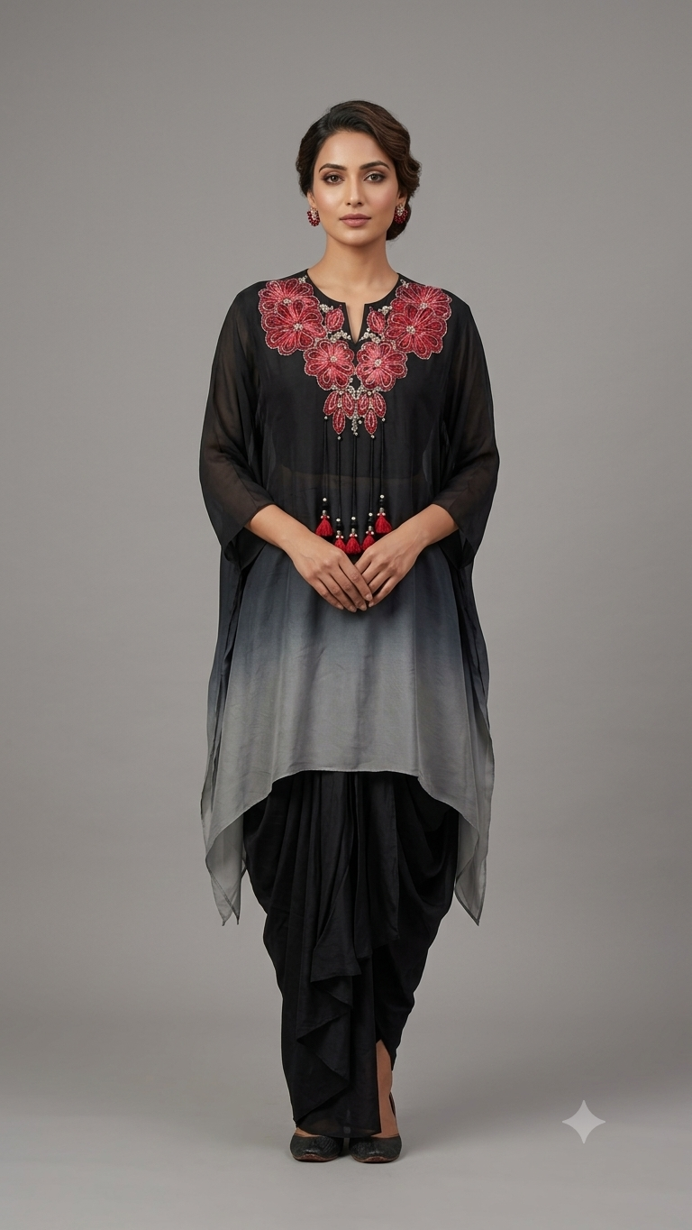 Black Ombre Hand Embroidered Kaftan with Cowl Drape Skirt