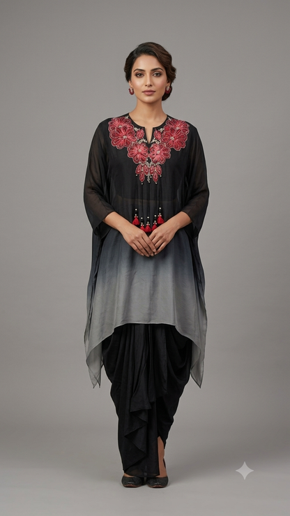 Black Ombre Hand Embroidered Kaftan with Cowl Drape Skirt