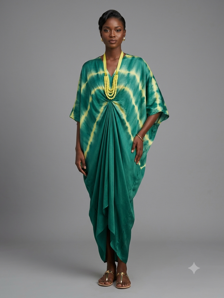 Emerald Green Tie & Dye Kaftan with Bohemian Neckpiece