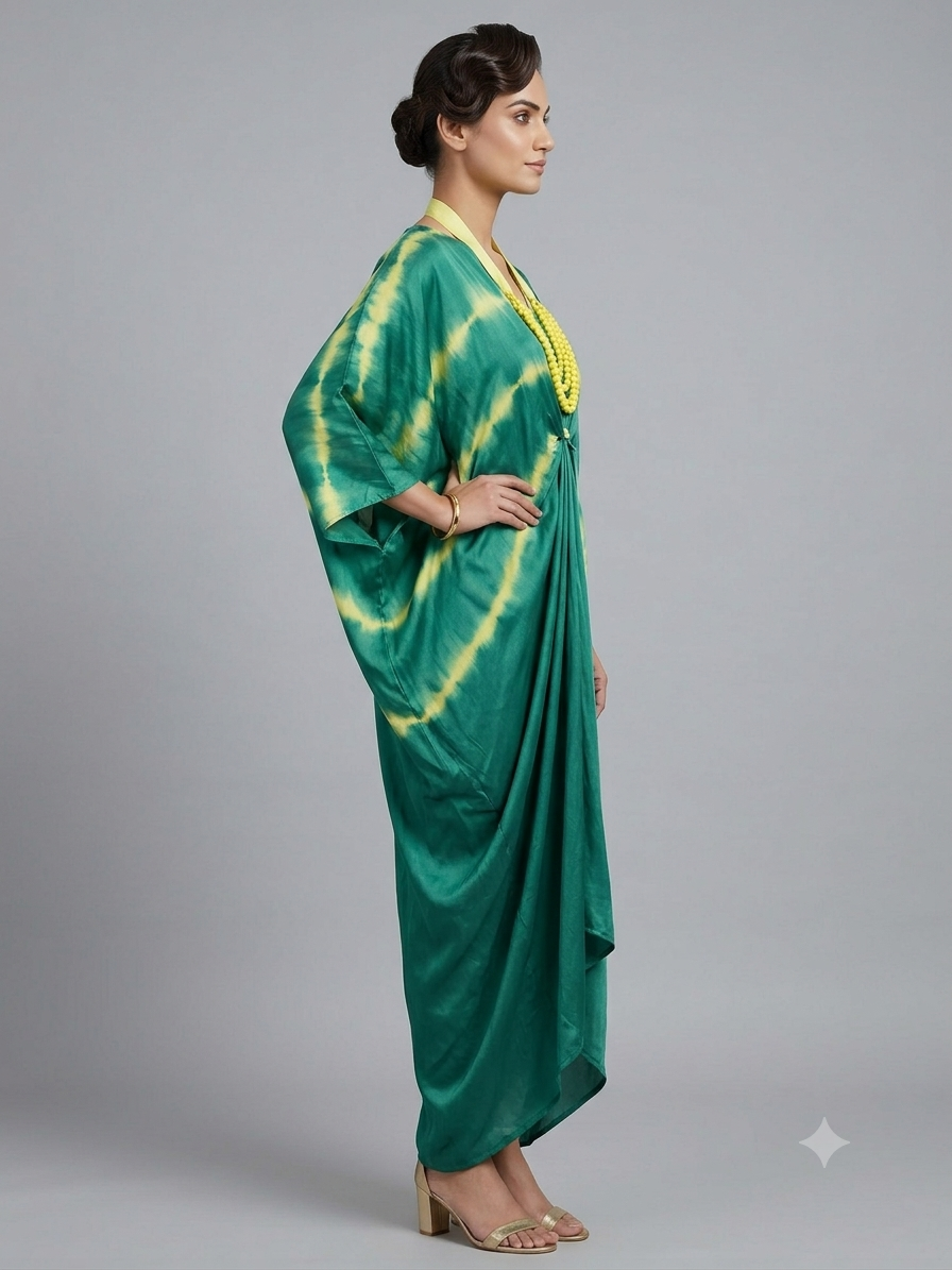 Emerald Green Tie & Dye Kaftan with Bohemian Neckpiece