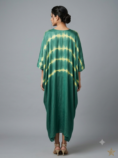 Emerald Green Tie & Dye Kaftan with Bohemian Neckpiece