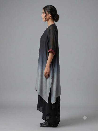 Black Ombre Hand Embroidered Kaftan with Cowl Drape Skirt