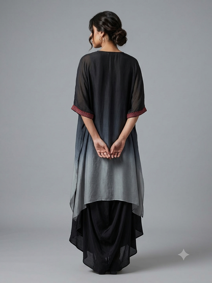 Black Ombre Hand Embroidered Kaftan with Cowl Drape Skirt