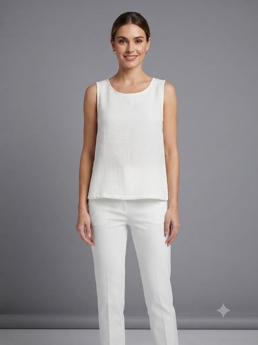 Off-White Crinkled Cotton Sleeveless Shirt