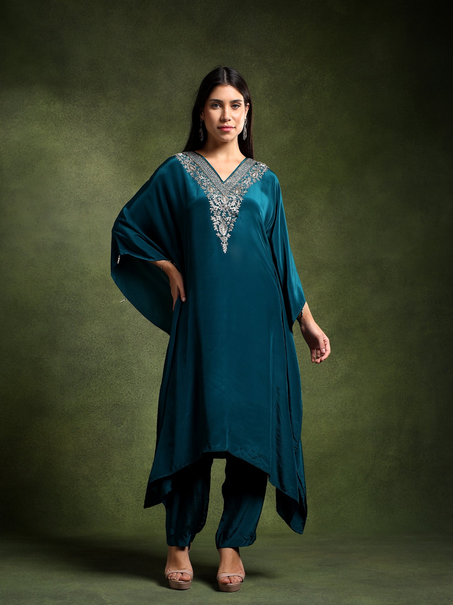 Blue Crepe Hand Embroidered Kaftan with Pants