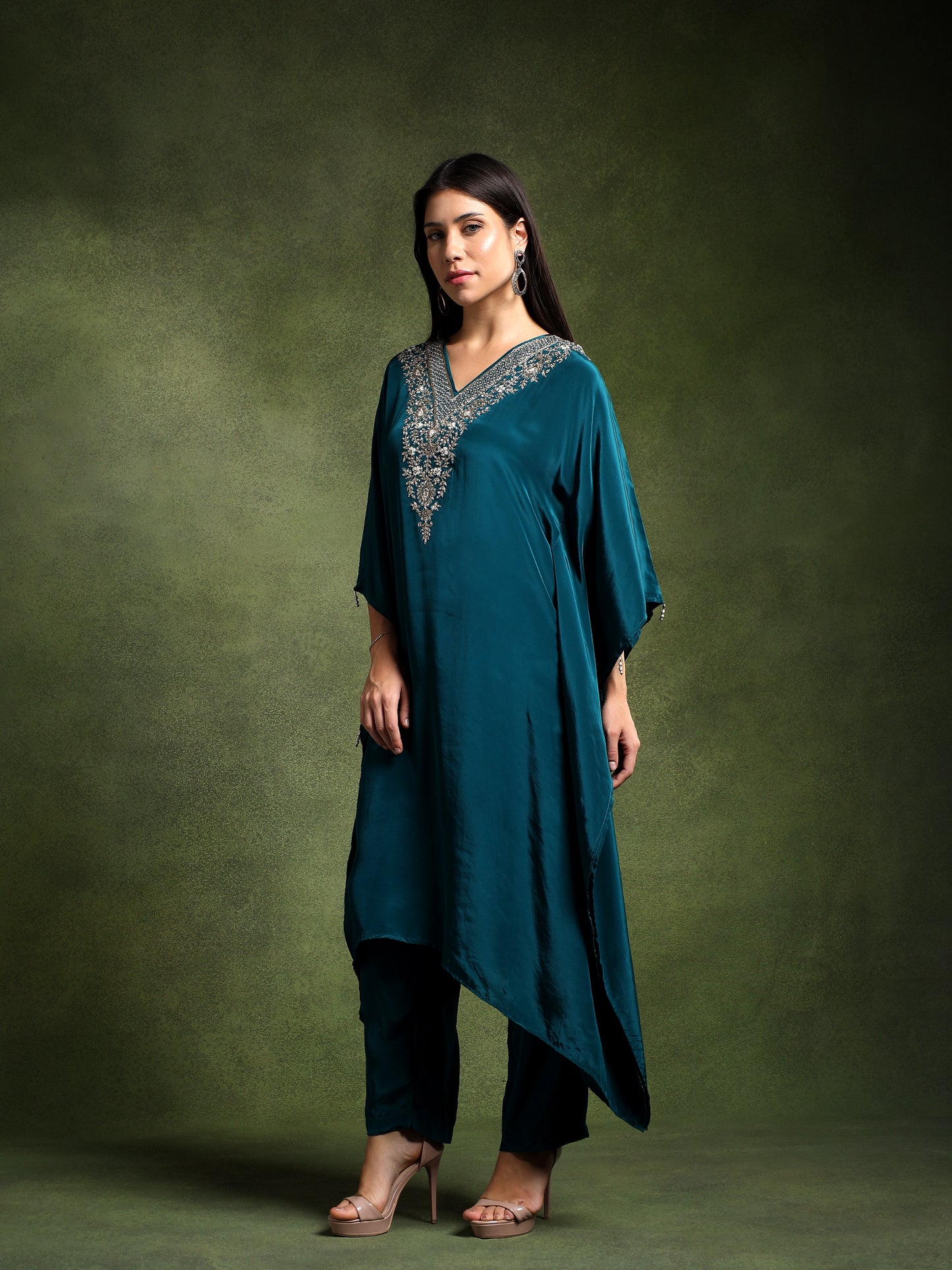 Blue Crepe Hand Embroidered Kaftan with Pants