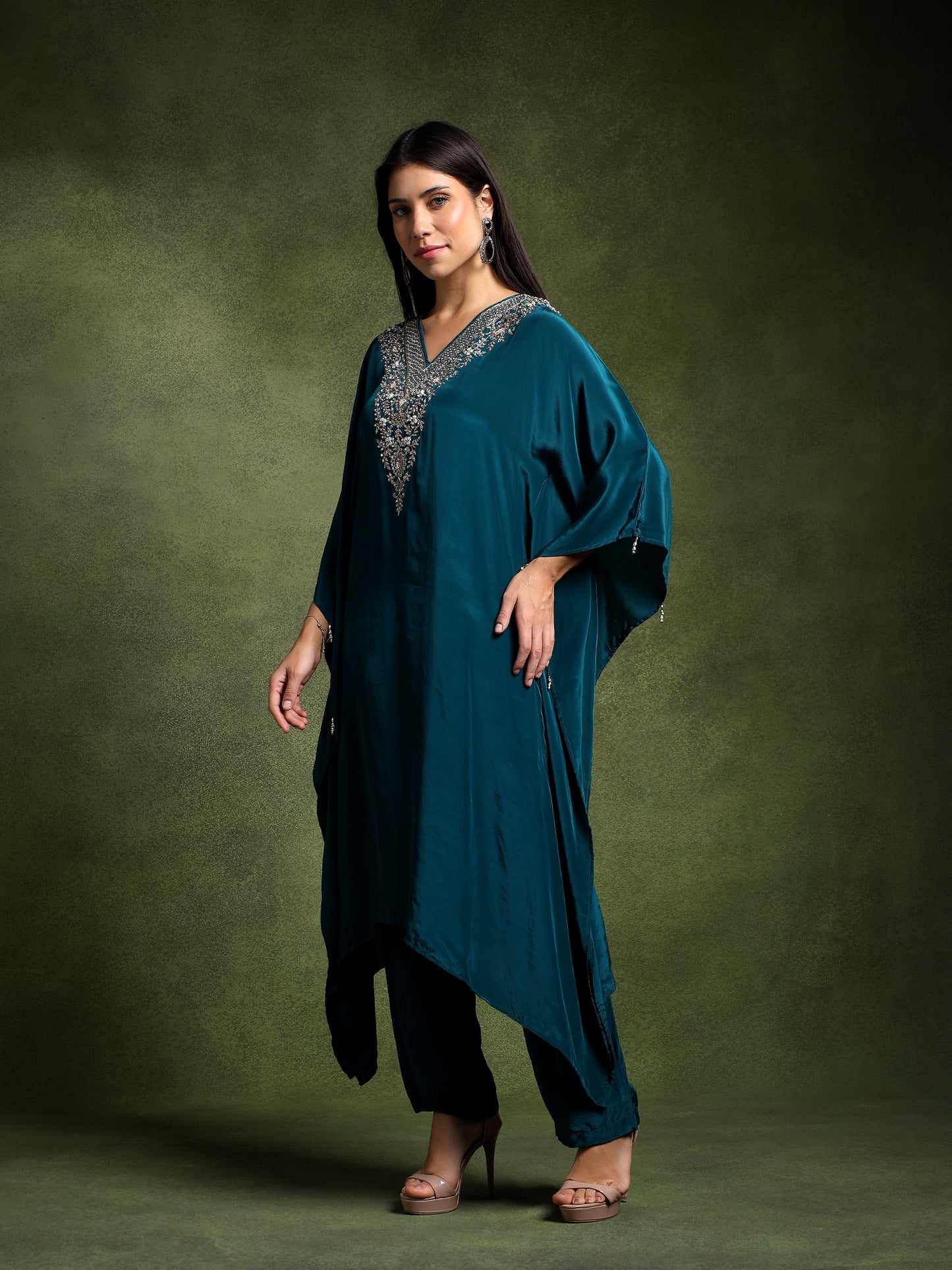 Blue Crepe Hand Embroidered Kaftan with Pants